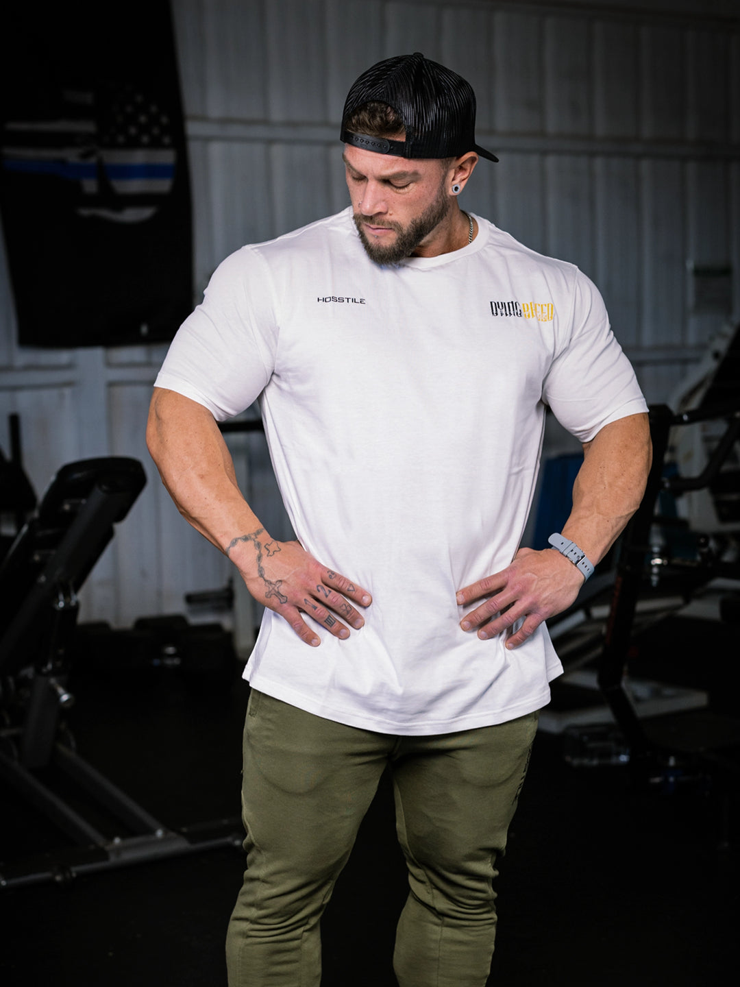 Bodybuilder wearing the Dying Breed Gym T-shirt#color_white