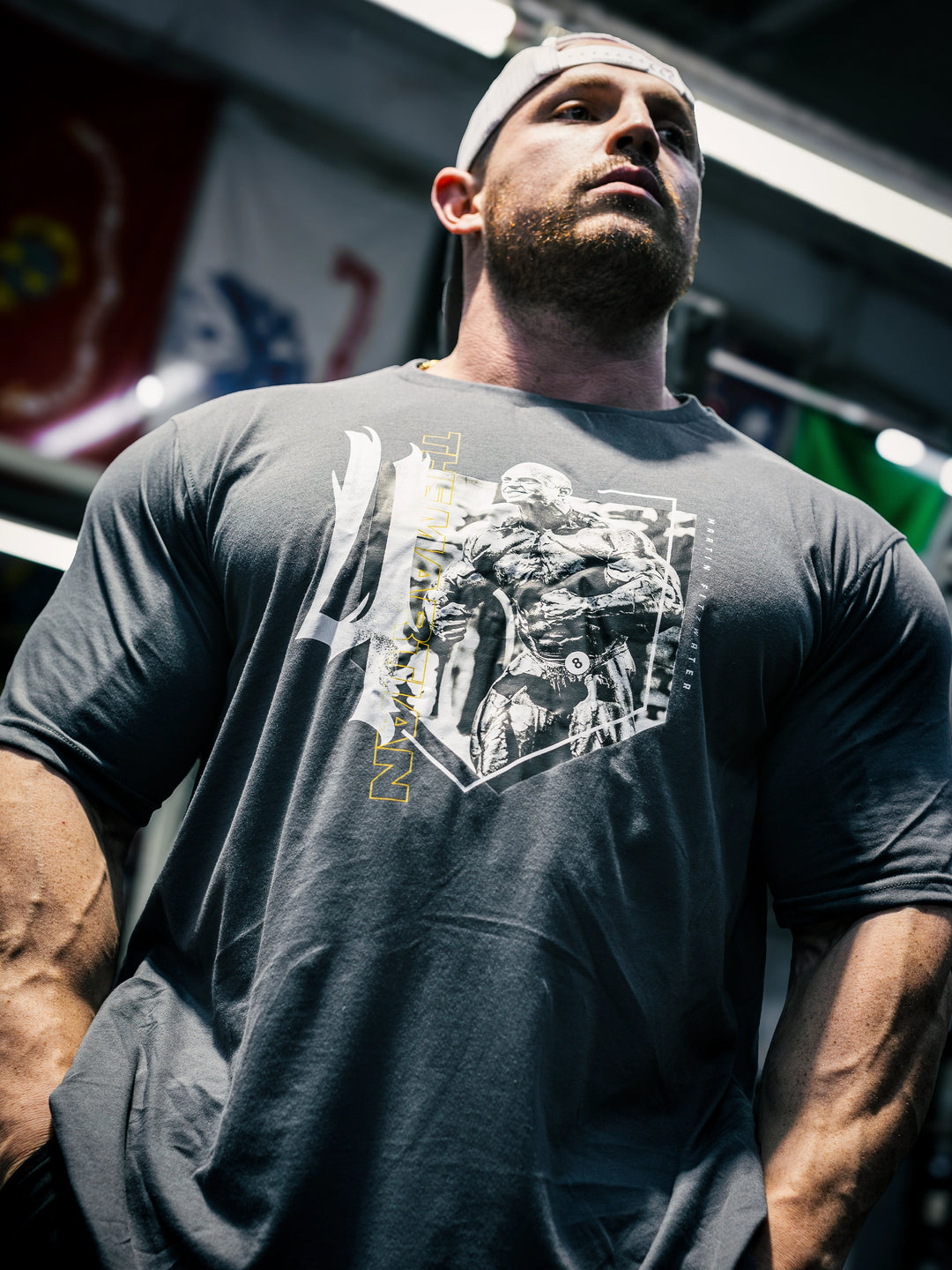 Bodybuilder Martin Fitzwater wearing the Olympia Debut T-Shirt in the Gym