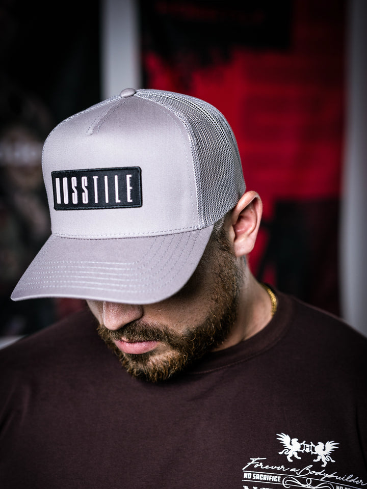 IFBB Martin Fitzwater wearing a grey trucker hat with 'Hosstile' logo and a  t-brown shirt with graphic design.#color_grey