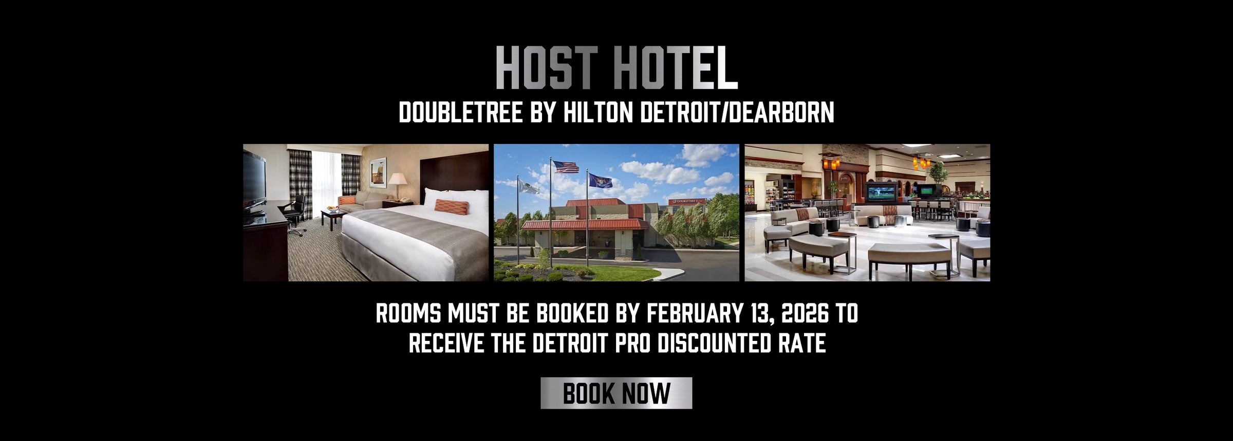 Promotional banner for Host Hotel with images of hotel rooms and text about booking deadline and discount offer.