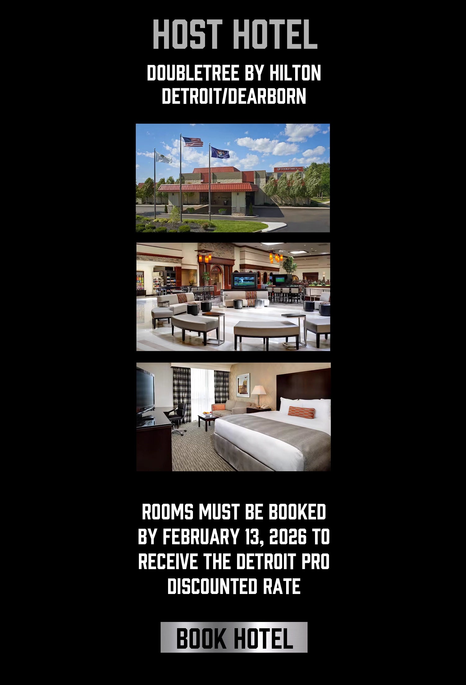Promotional flyer for Host Hotel Doubletree by Hilton Detroit/Dearborn with images of the hotel exterior and interior.