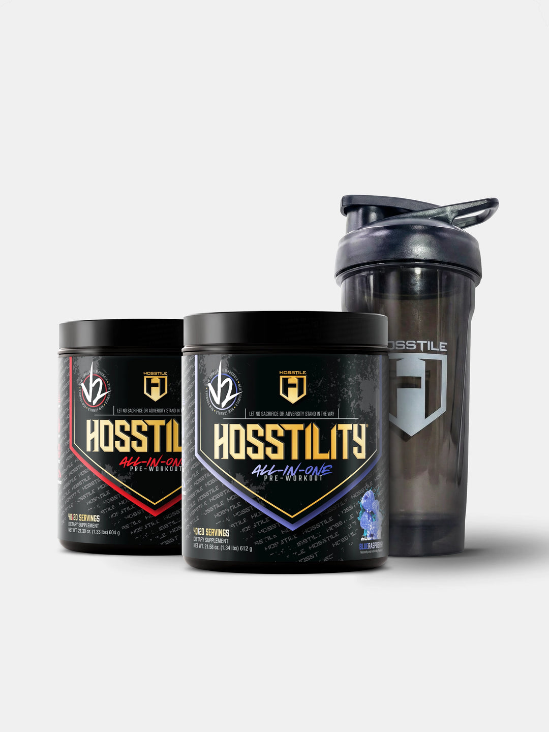 Hosstility V2 Pre Workout Bundle with Shaker Cup on white background