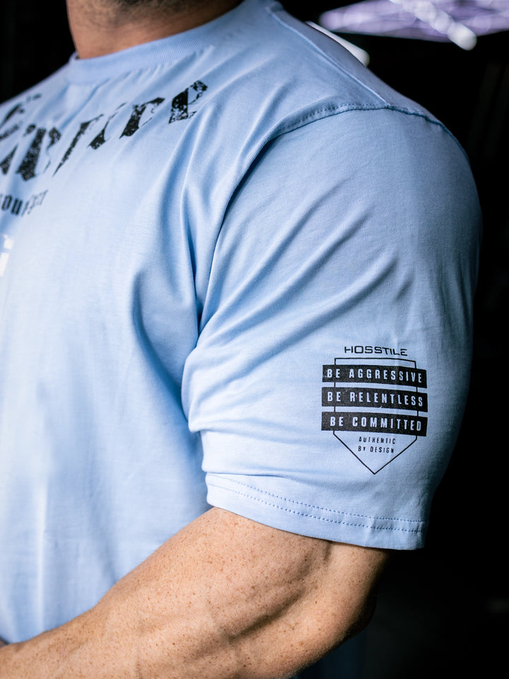 Martin Fitzwater wearing the Insignia t-shirt in a gym#color_ice-blue