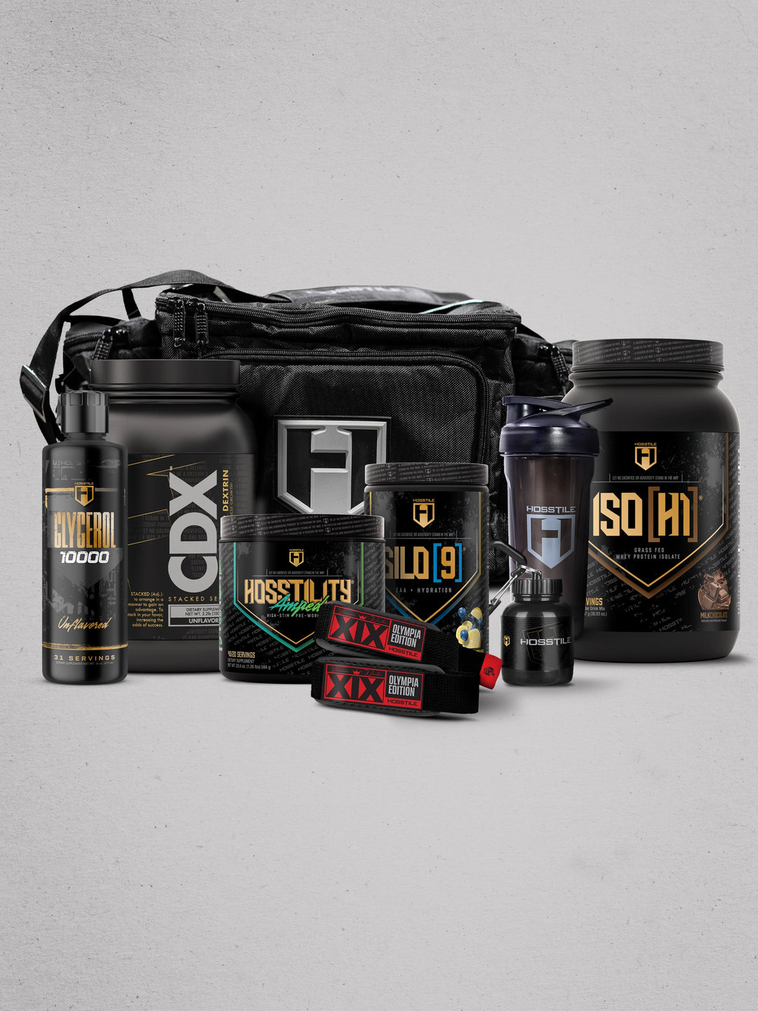bundle of supplements and gym accessories