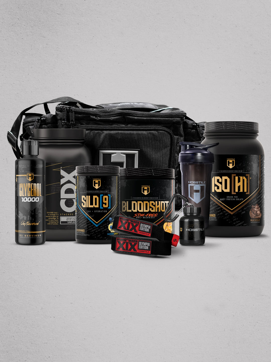bundle of supplements and gym accessories
