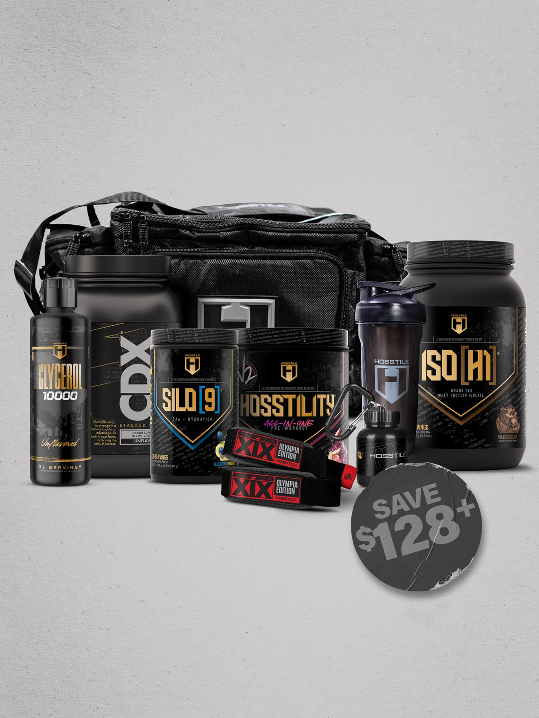 bundle of supplements and gym accessories for Hosstile black friday promotion