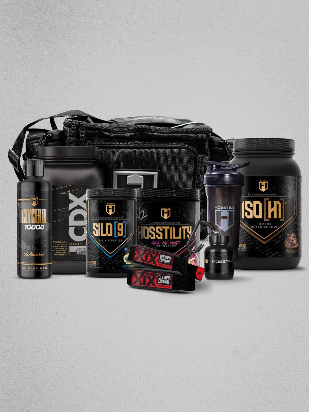 bundle of supplements and gym accessories