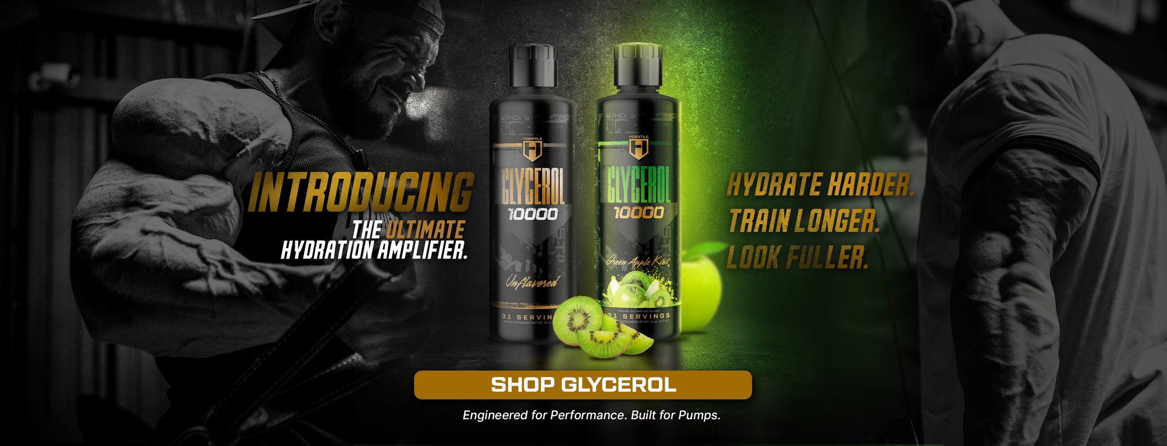 Advertisement for a glycerol product with a person holding a bottle, featuring text about hydration and performance.