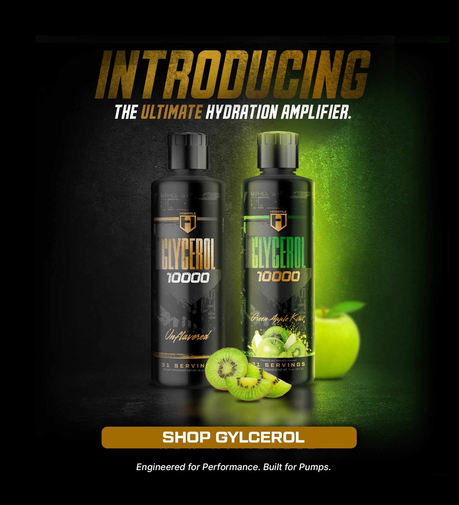 Two bottles of Glycerol 10000 with green apples and kiwis on a dark background.