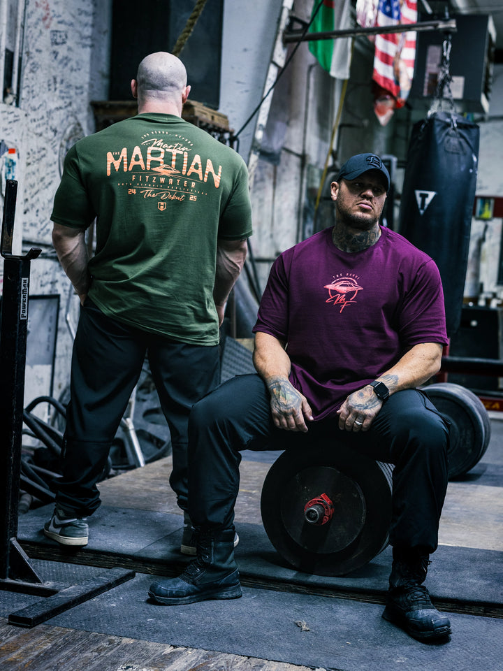 Bodybuilder Martin Fitzwater and Ben Chow wearing the MF Vintage T-Shirt in the gym#color_dark-maroon