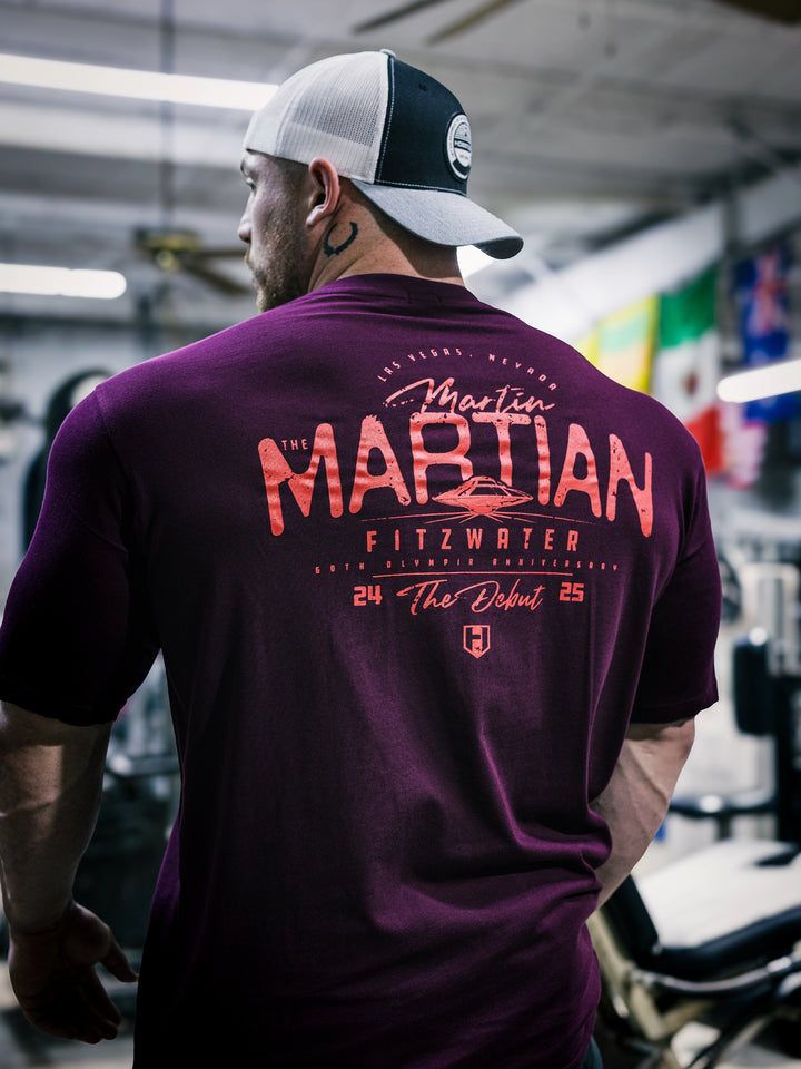 Bodybuilder Martin Fitzwater wearing the MF Vintage T-Shirt in the gym#color_dark-maroon