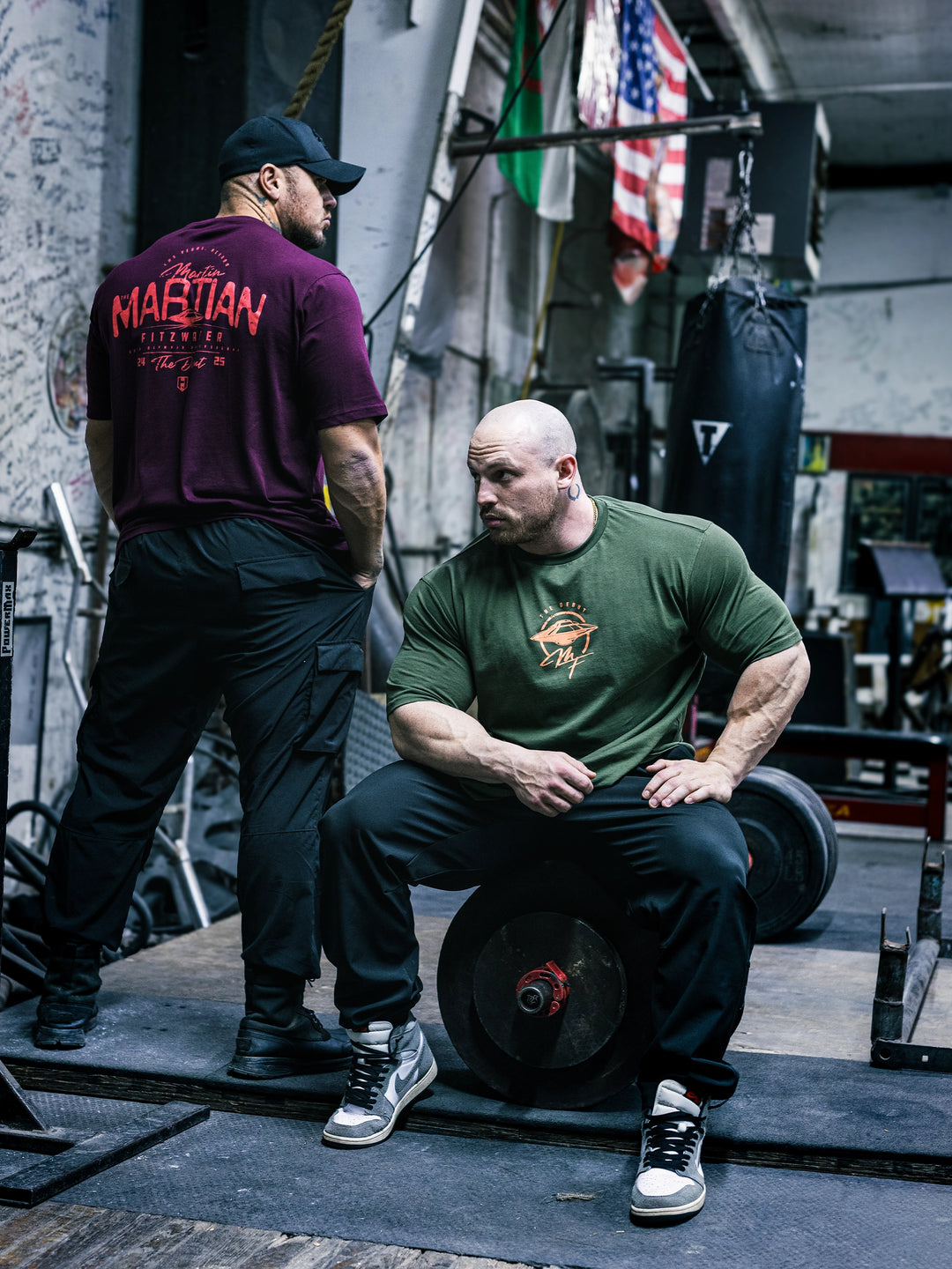 Bodybuilder Martin Fitzwater and Ben Chow wearing the MF Vintage T-Shirt in the gym#color_forest-green