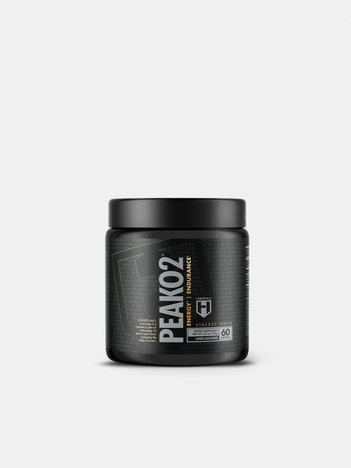A container of PeakO2 adaptogenic mushroom blend, with a predominantly black label featuring the product name 