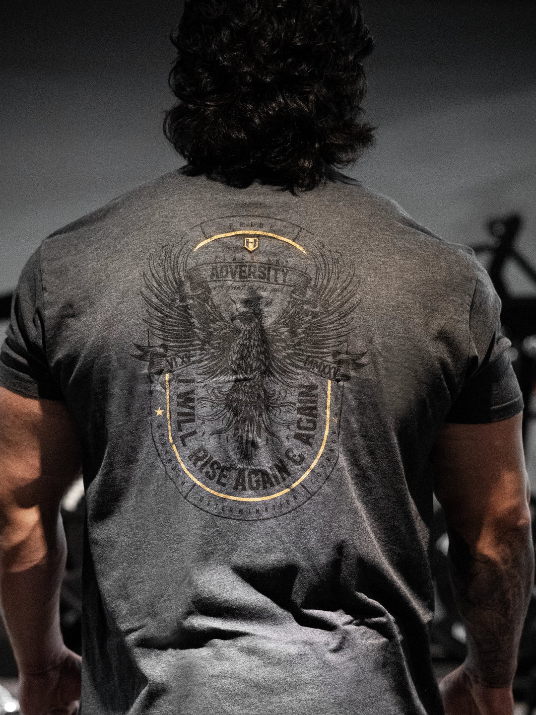 Person wearing a gray t-shirt with an eagle design and text on the back, standing against a dark background#color_charcoal