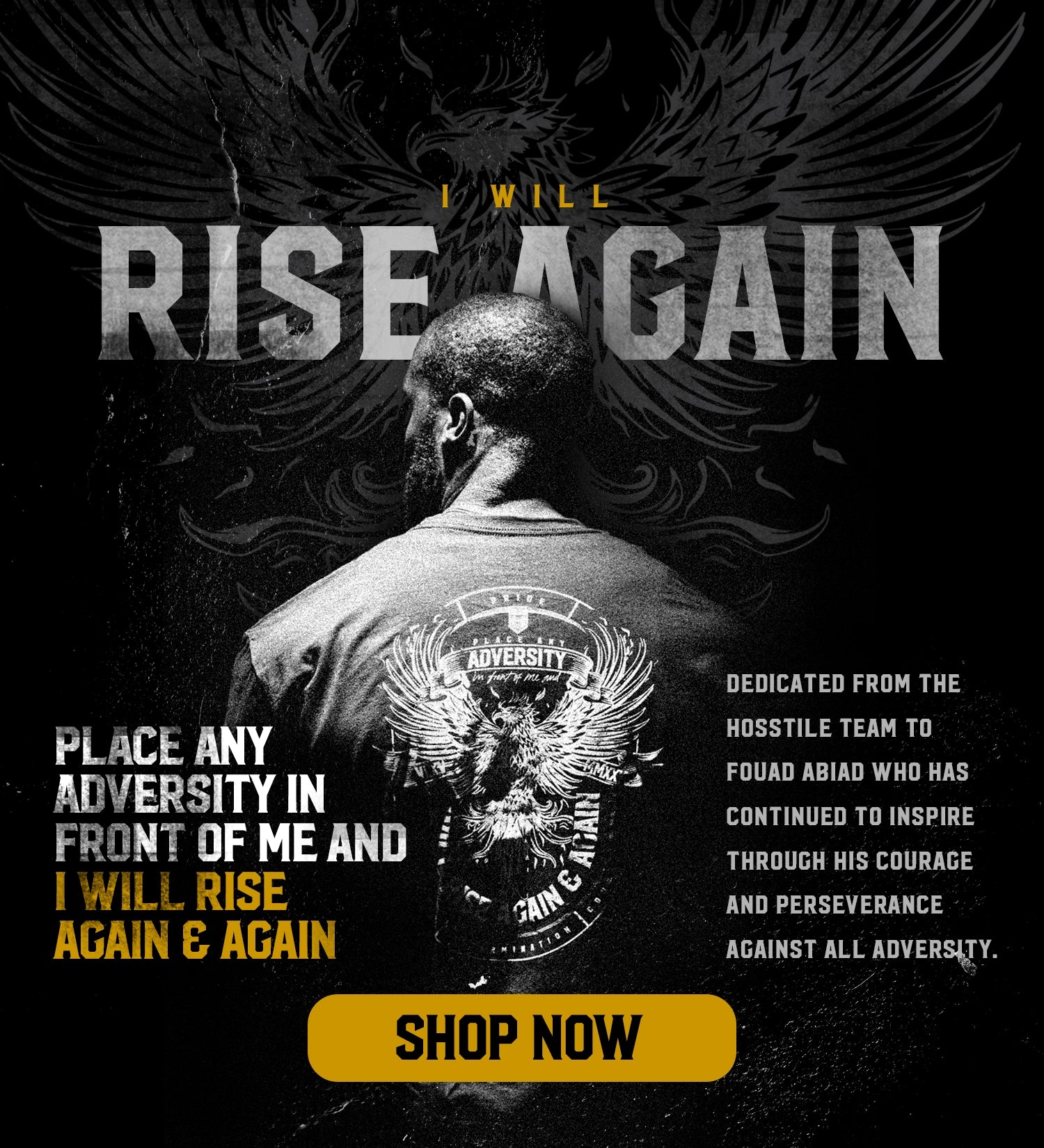 Man with back to camera wearing a jacket with a design, text 'I Will Rise Again' and 'Shop Now' button.
