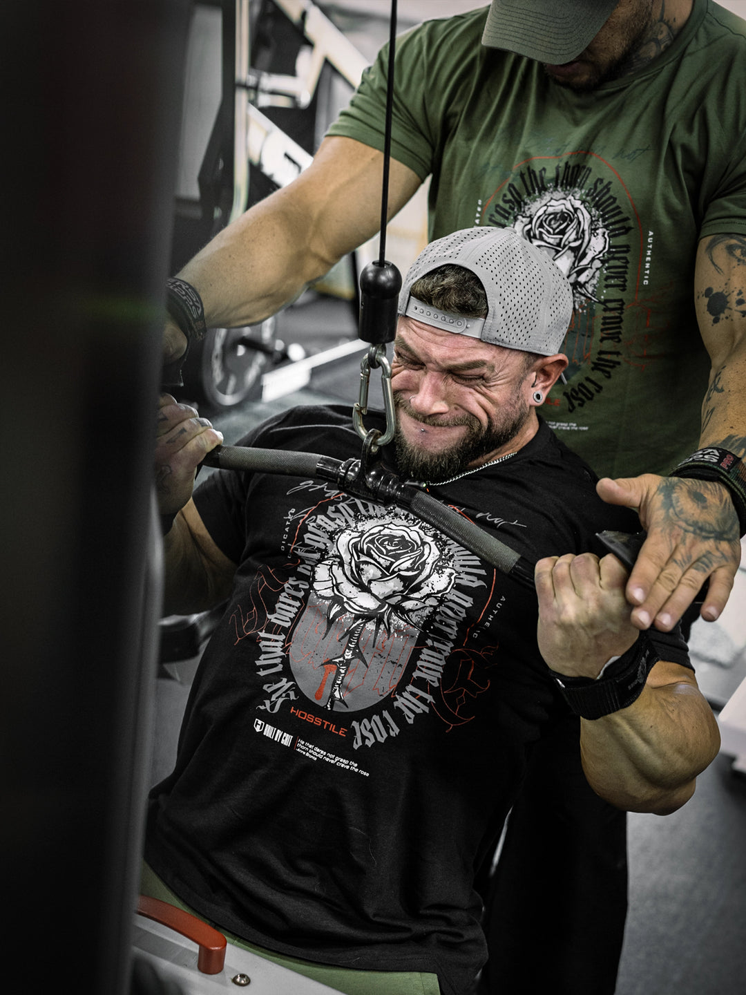 bodybuilder wearing the Rose & Thorn Men's Graphic Gym T-Shirt#color_black