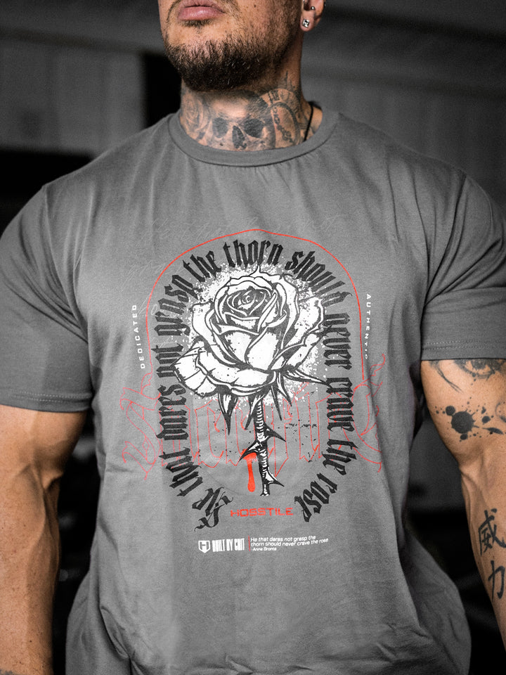 bodybuilder wearing the Rose & Thorn Men's Graphic Gym T-Shirt#color_grey