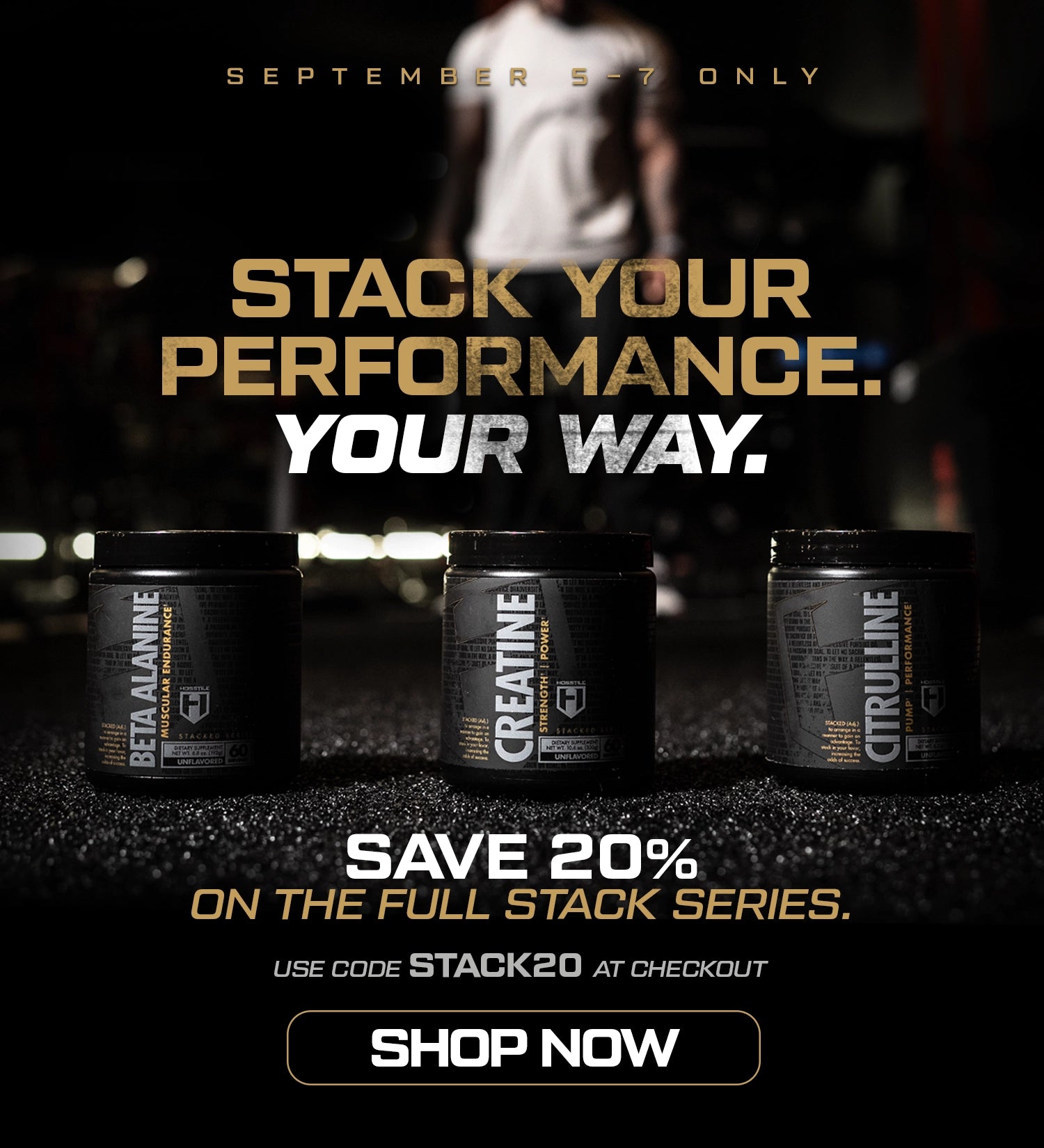 Supplement containers with promotional text for a discount on a full stack series.