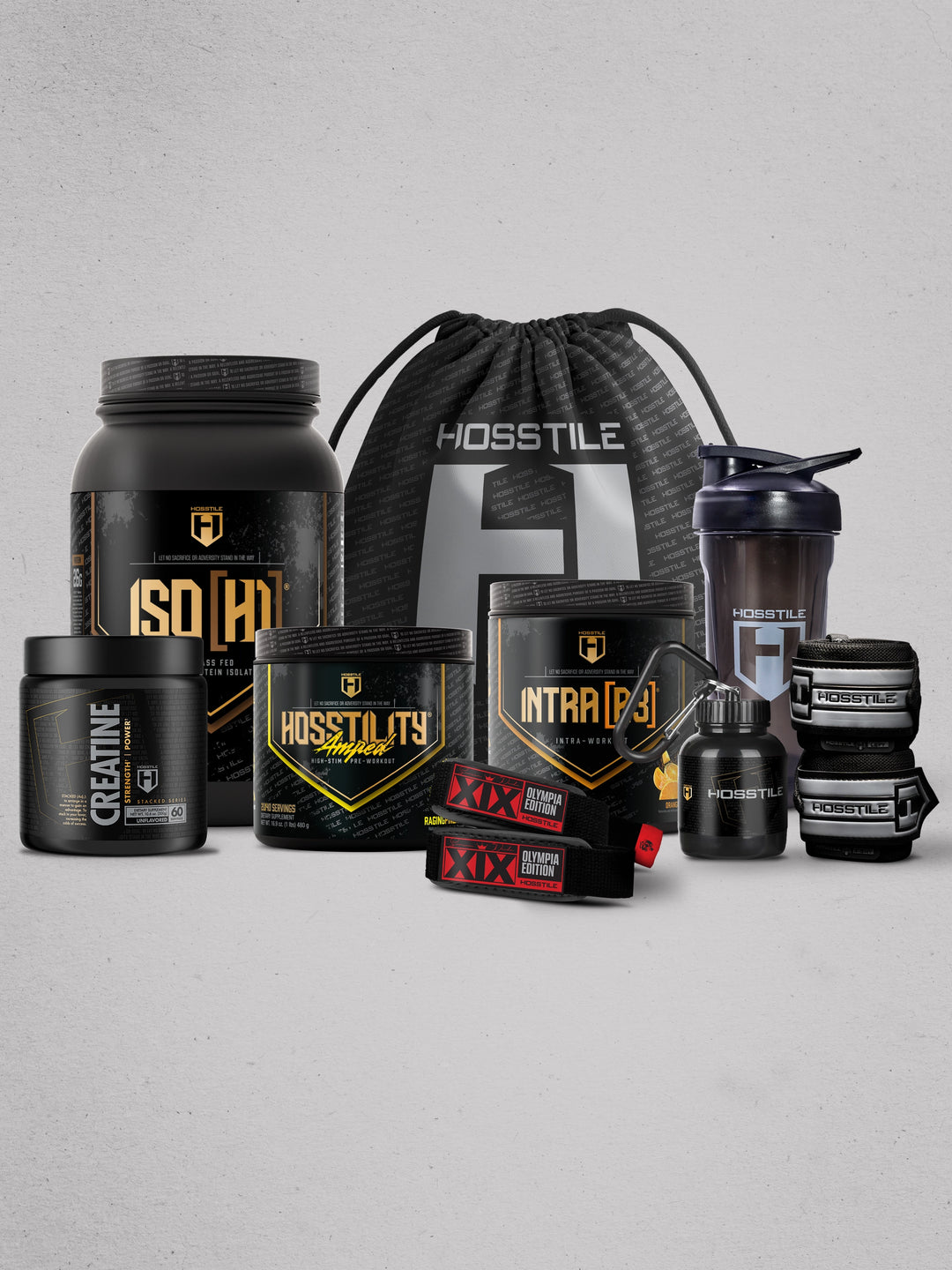 bundle of supplements and gym accessories