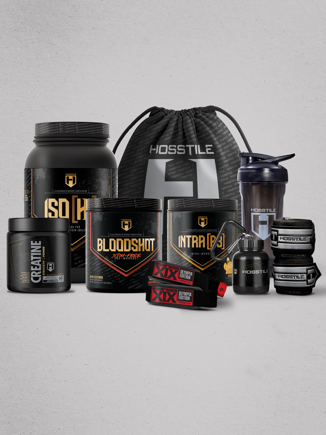bundle of supplements and gym accessories