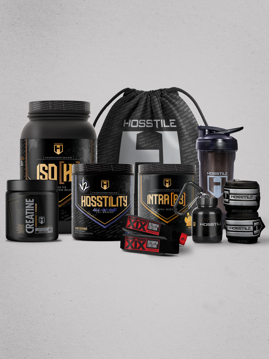 bundle of supplements and gym accessories