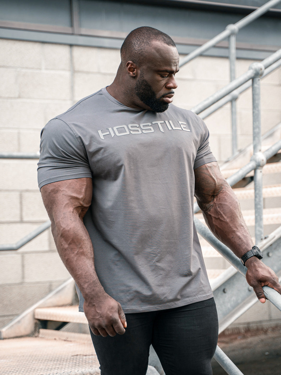Uplift Men's Workout T-Shirt - Gunship Grey - Model Bodybuilder Samson Dauda#color_gunship-grey