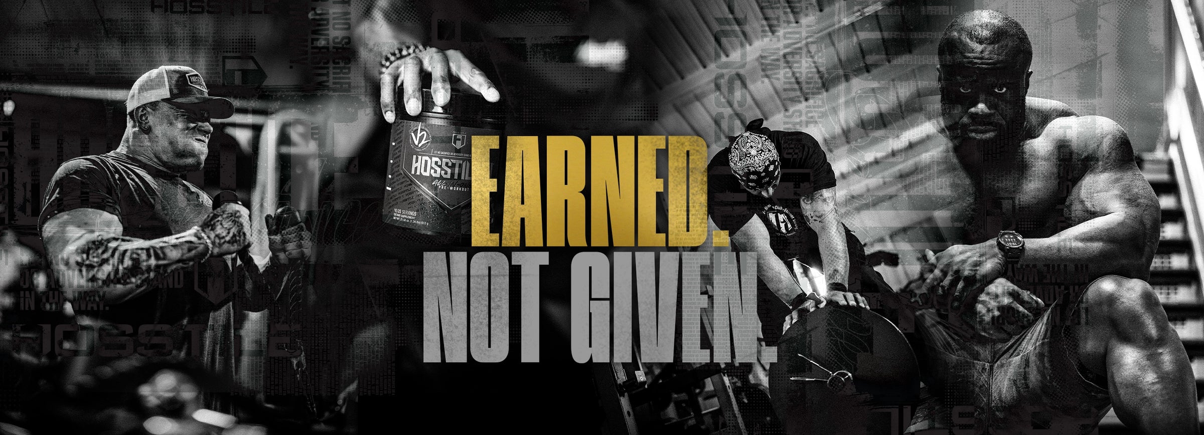 Muscular individuals in a gym setting with 'Earned, Not Given' text overlay.