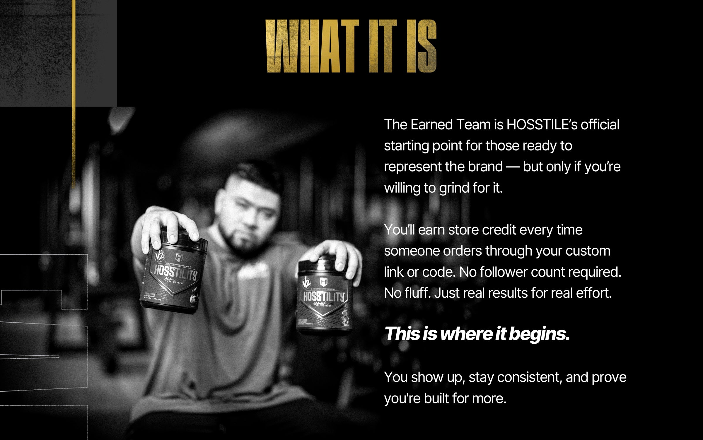 Bodybuilder holding two 'Hosstile' products with promotional text on a black background