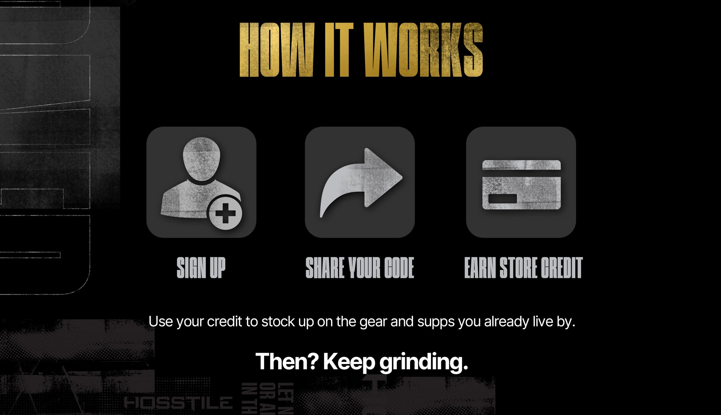 Instructions on how program works with icons for sign up, share your code, and earn store credit.