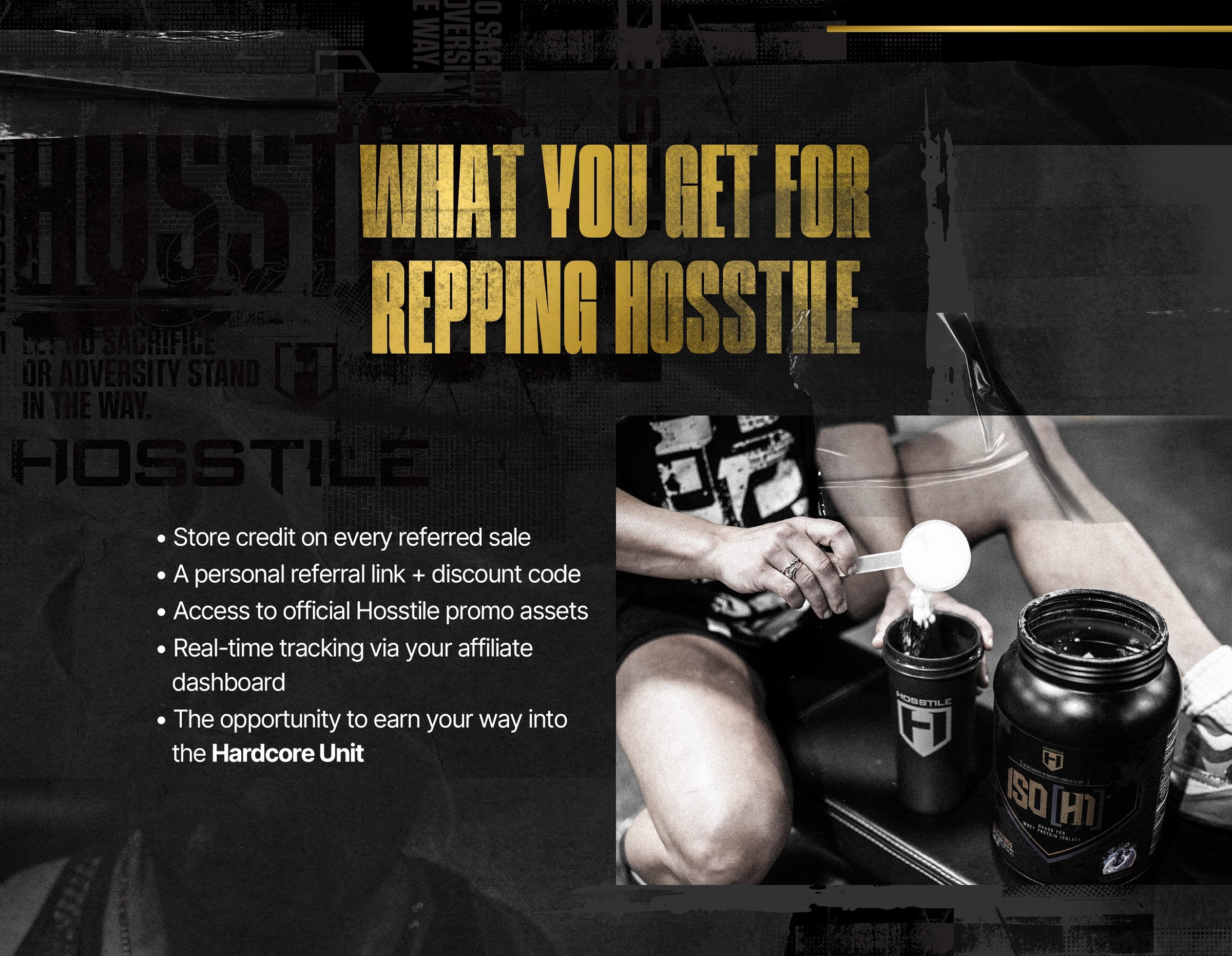 Promotional graphic for 'Hosstile' with text and images of a person holding a scoop and containers.
