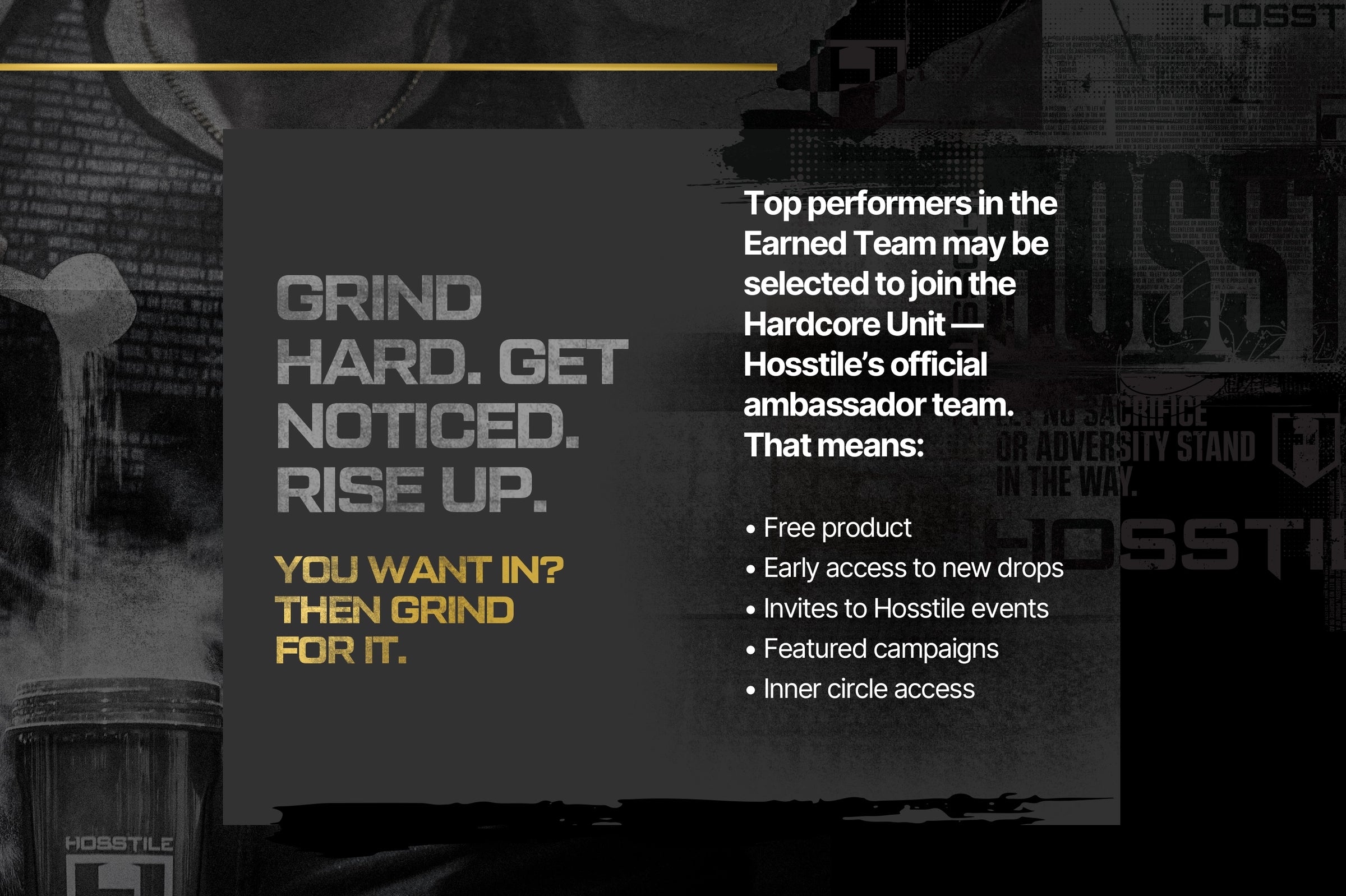 Promotional graphic for Hostile's Earned Team program with motivational text and branding elements.