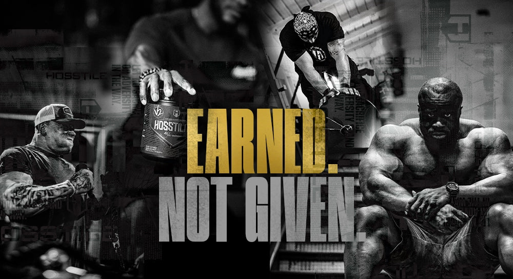 Motivational fitness poster with text 'Earned. Not Given.' featuring muscular individuals in a gym setting.