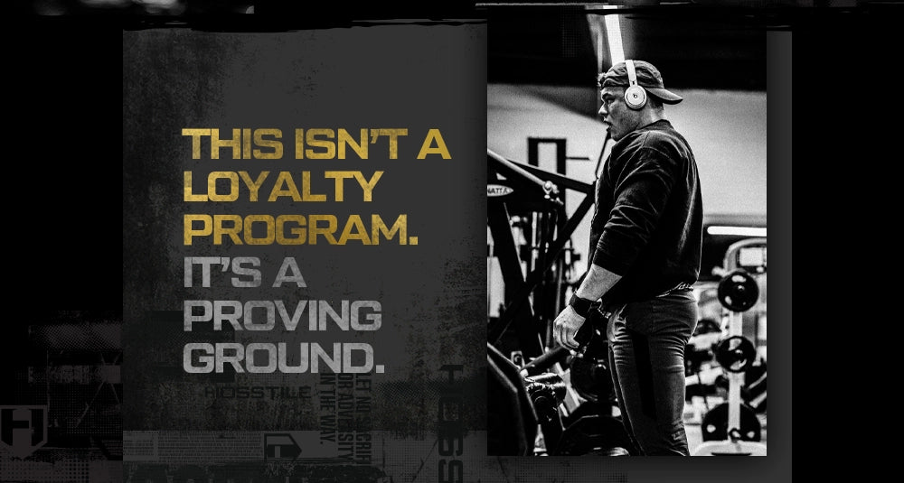 Person working with text overlay 'This isn't a loyalty program. It's a proving ground.'
