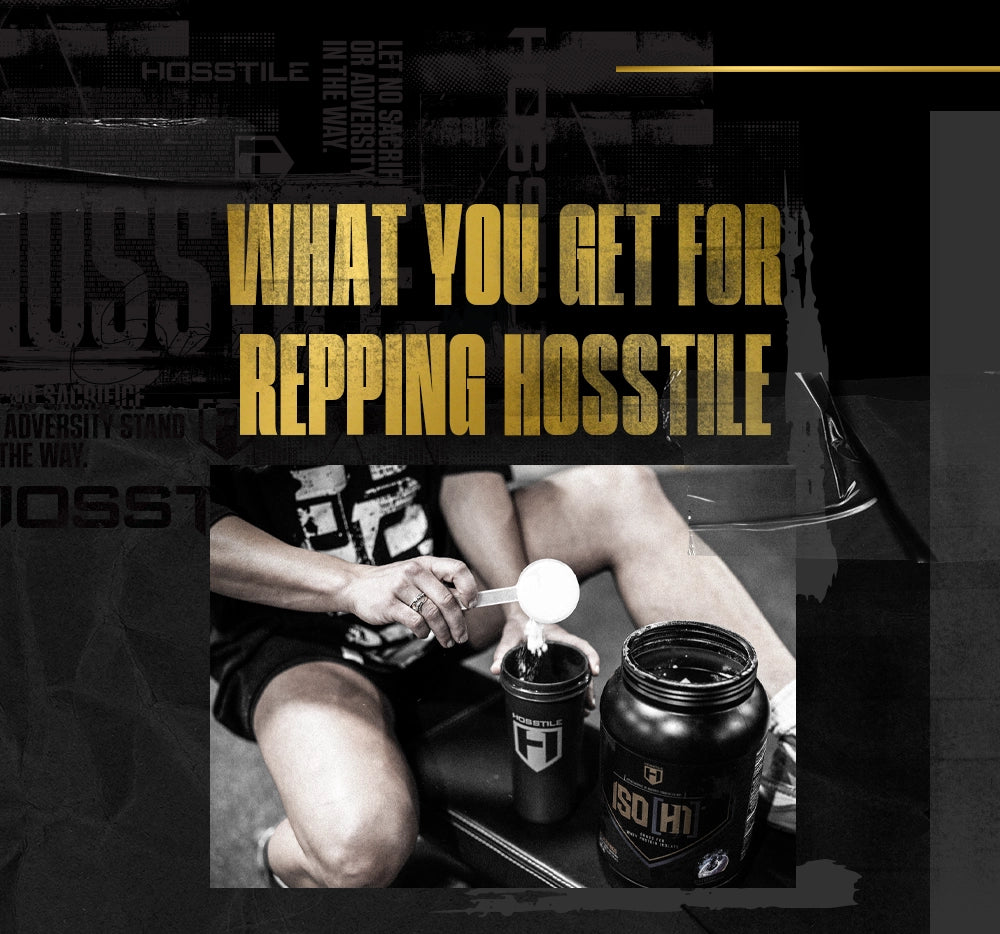 Person holding a scoop over a supplement container, surrounded by promotional text.