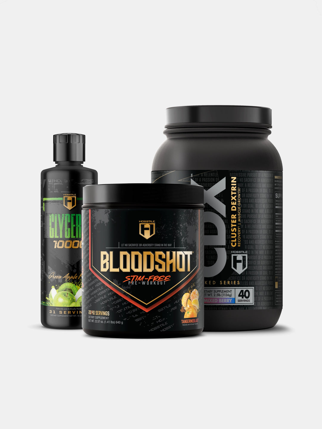 Pump Stack with Bloodshot Pre Workout, Liquid Glycerol and CDX Cluster Dextrin on white background