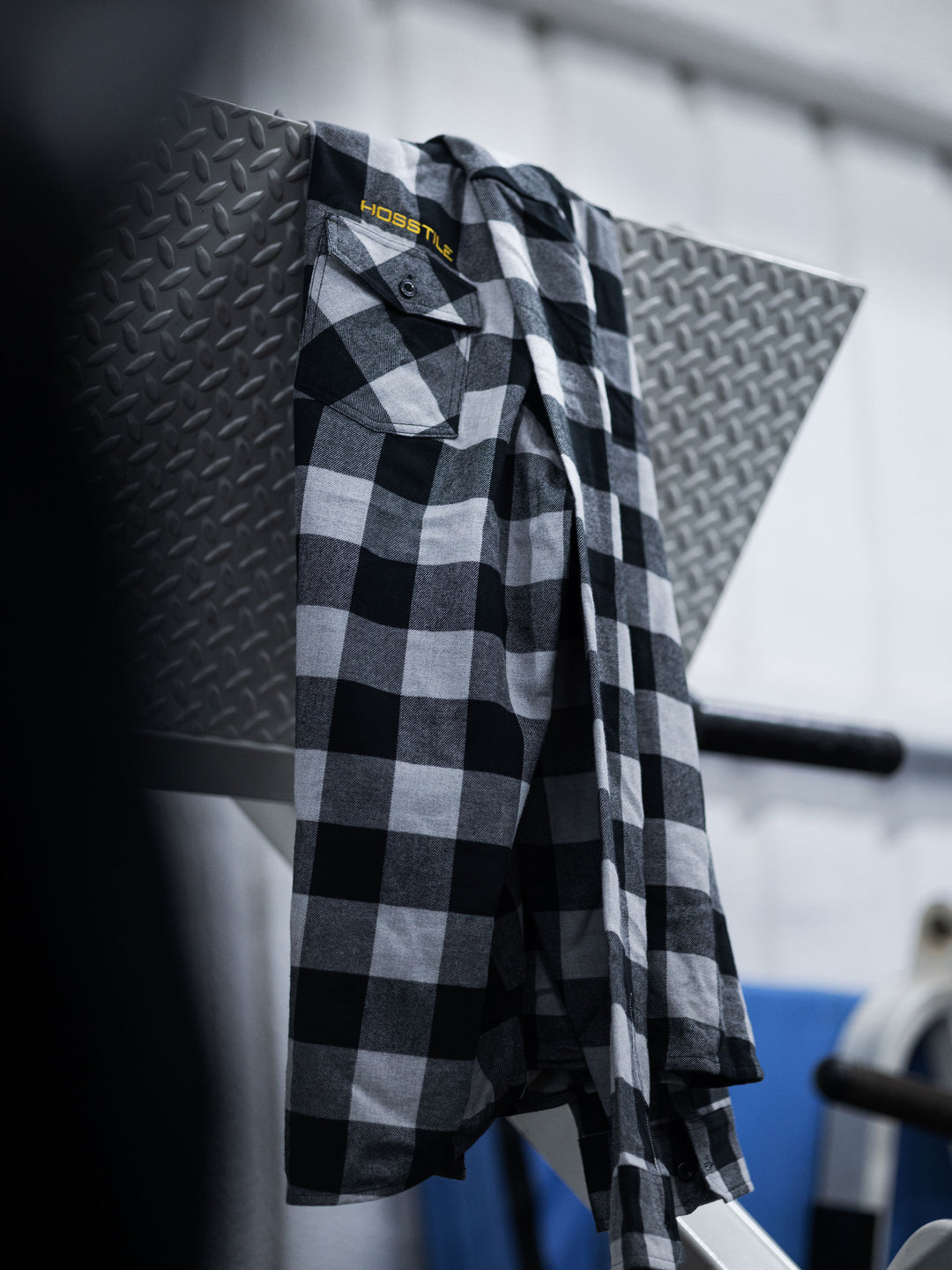 Hosstile Long Sleeve Plaid Flannel Button Down Shirt Model Ben Chow#color_grey-black