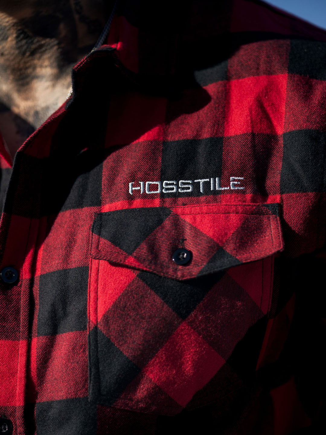 Hosstile Long Sleeve Plaid Flannel Button Down Shirt Model Ben Chow#color_red-black