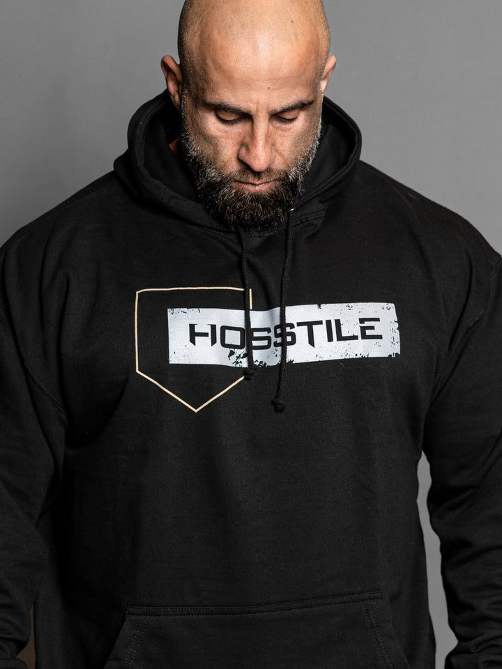 Hosstile Logo Block Pullover Hoodie Sweatshirt Black Model Bodybuilder Fouad Abiad#color_black