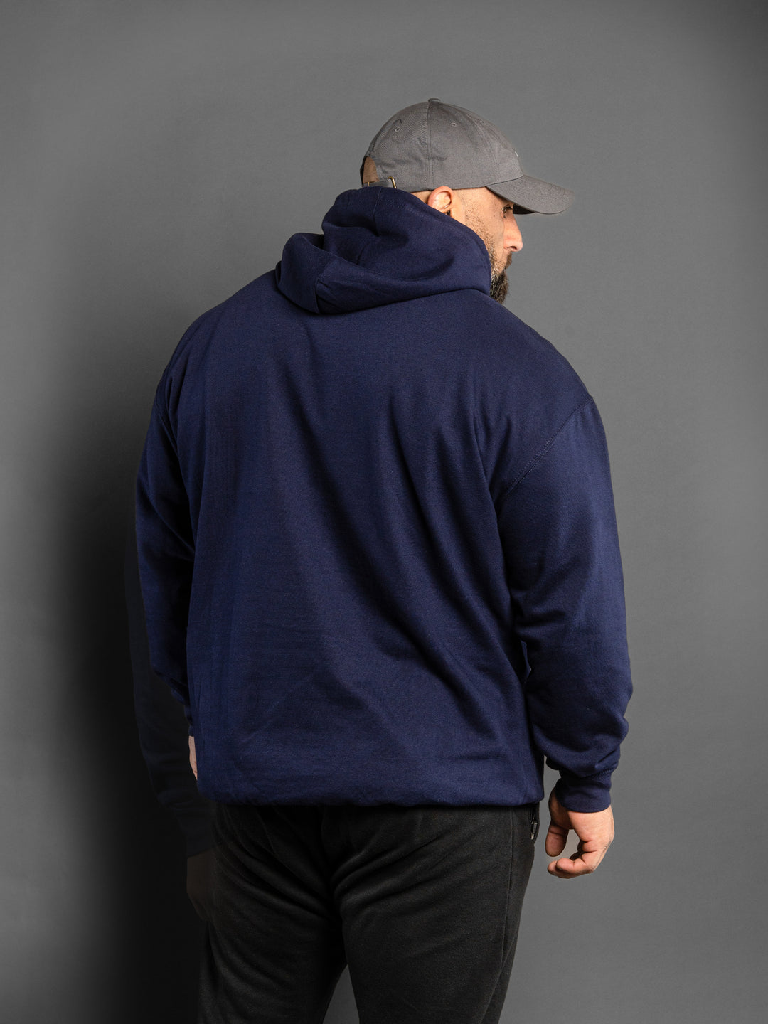 Hosstile Logo Block Pullover Hoodie Sweatshirt Navy Model Bodybuilder Fouad Abiad#color_navy