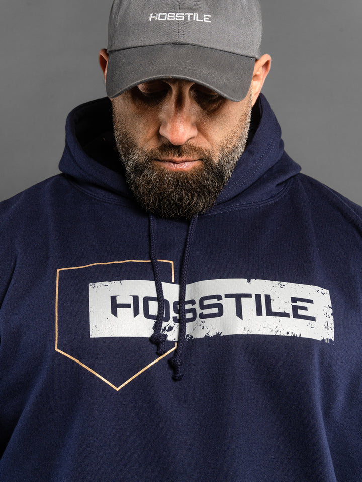 Hosstile Logo Block Pullover Hoodie Sweatshirt Navy Model Bodybuilder Fouad Abiad#color_navy