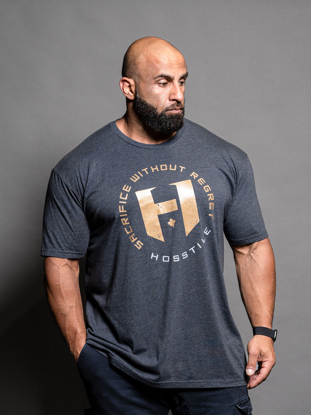 Bodybuilder Fouad Abiad wearing OG Sacrifice Classic Workout T-Shirt#color_charcoal