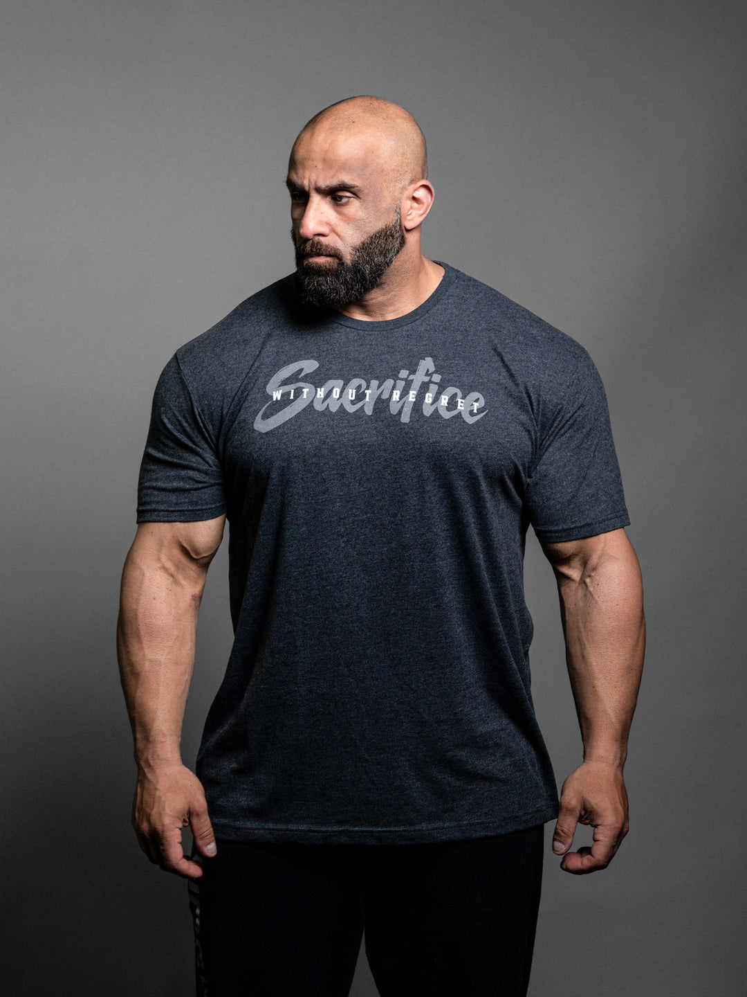 Sacrifice Script T-Shirt Heather Charcoal - Lifestyle Bodybuilder Fouad Abiad