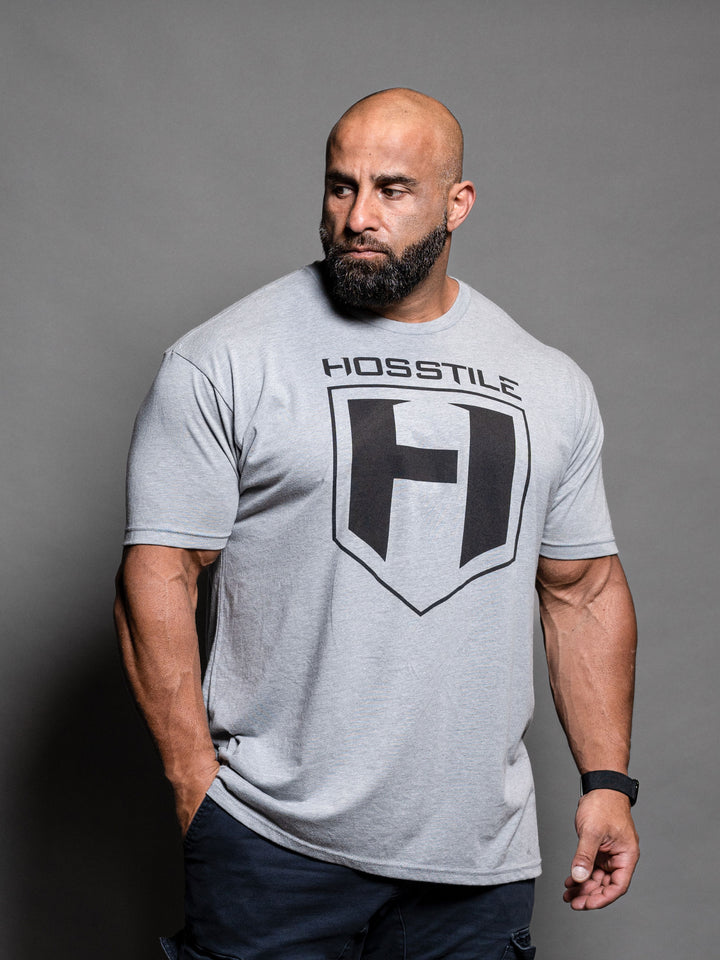 Bodybuilder Fouad Abiad wearing Shield Classic Workout T-Shirt#color_dark-heather-grey