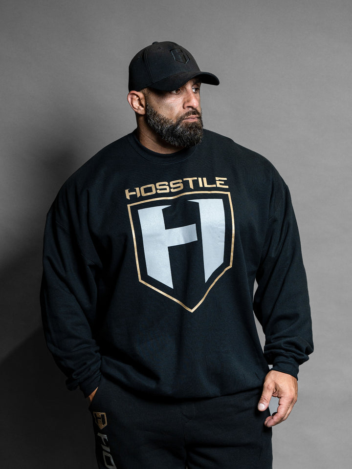 Hosstile Shield Crewneck Bodybuilding Workout Sweatshirt Bodybuilder - Model Bodybuilder Fouad Abiad#color_black