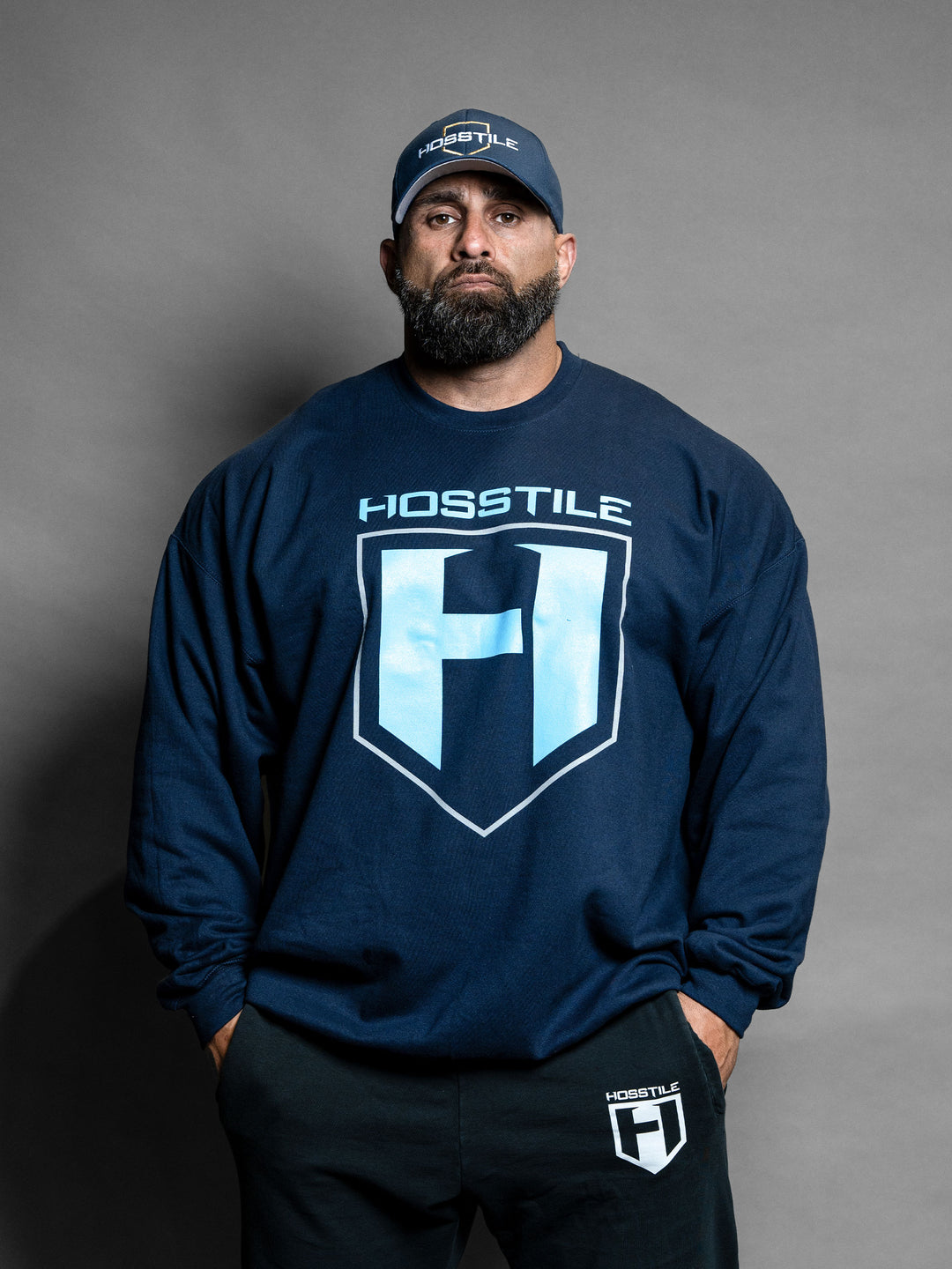 Hosstile Shield Crewneck Bodybuilding Workout Sweatshirt Navy - Model Bodybuilder Fouad Abiad#color_navy